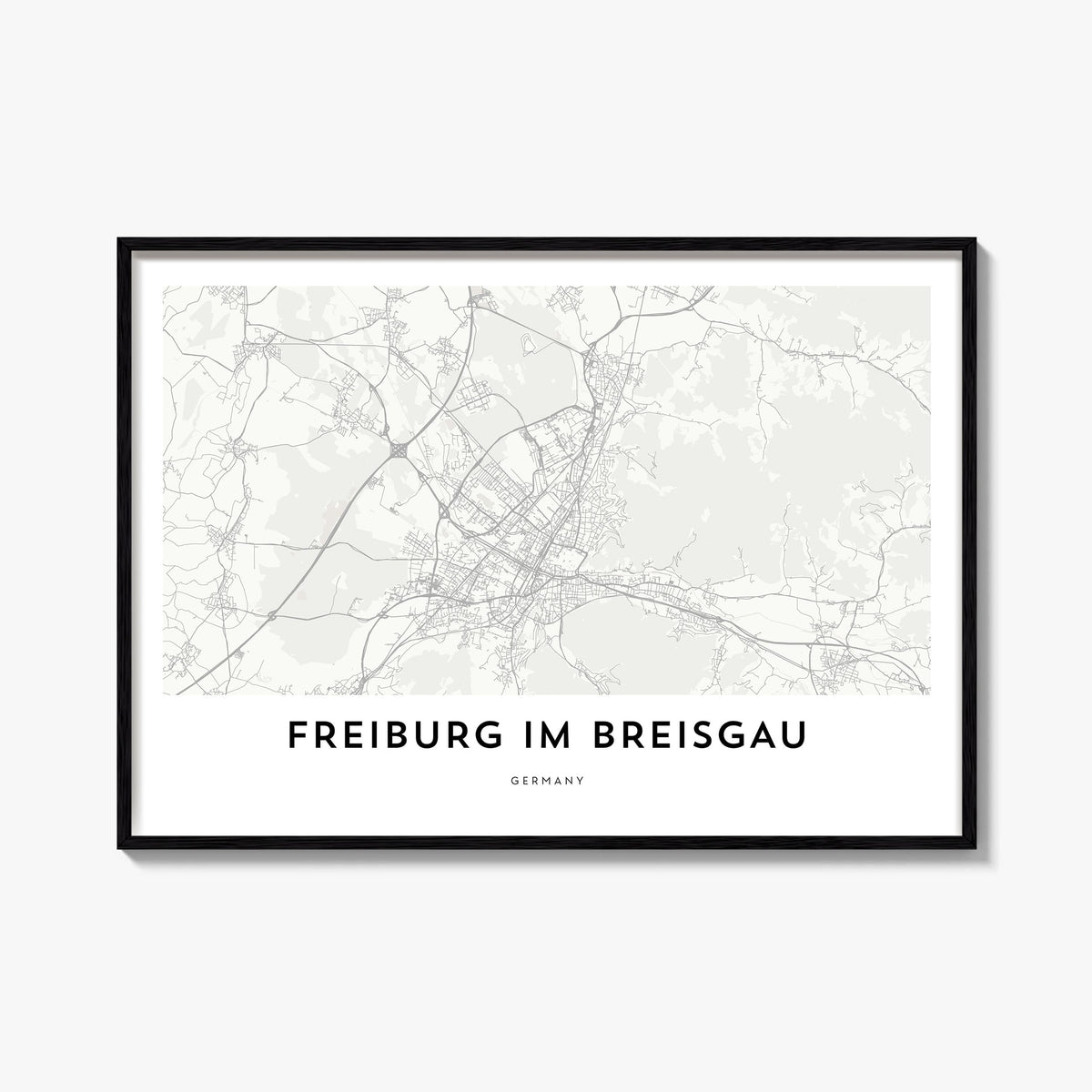 Freiburg im Breisgau black & white map poster of Germany – horizontal wall art, unframed print shown in interior mockup