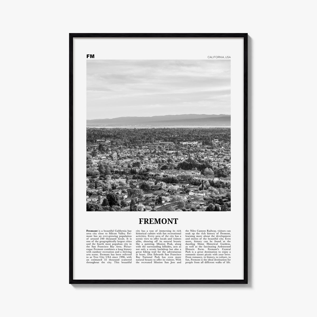 Fremont black & white newspaper poster of California, USA – vertical wall art, unframed print shown in interior mockup