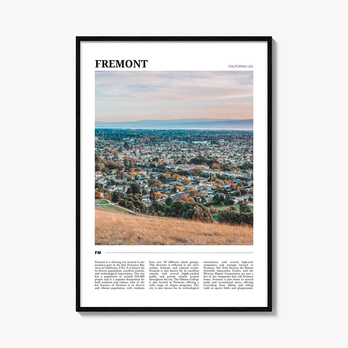 Fremont colorful travel poster of California, USA – vertical wall art, unframed print shown in interior mockup