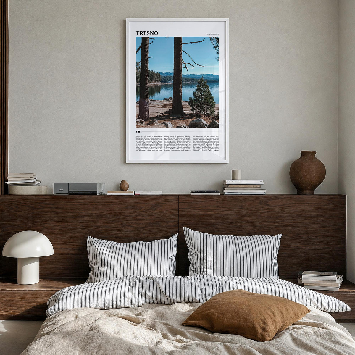 Fresno colorful travel poster of California, USA – vertical wall art in white wood frame, hanging on wall