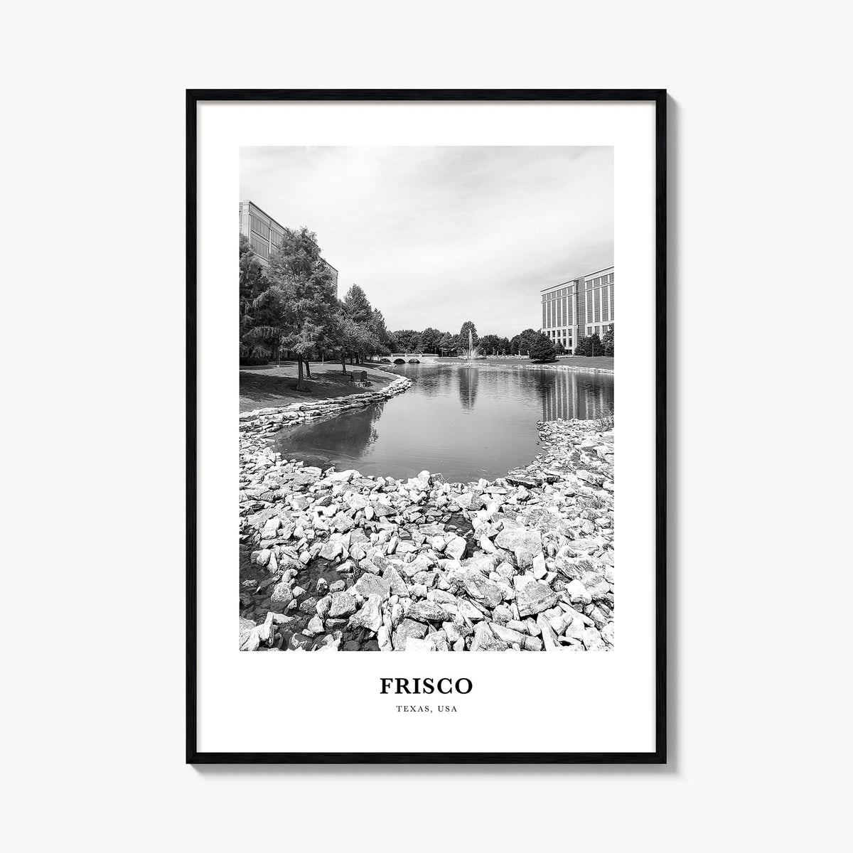 Frisco black & white classic poster of Texas, USA – vertical wall art, unframed print shown in interior mockup