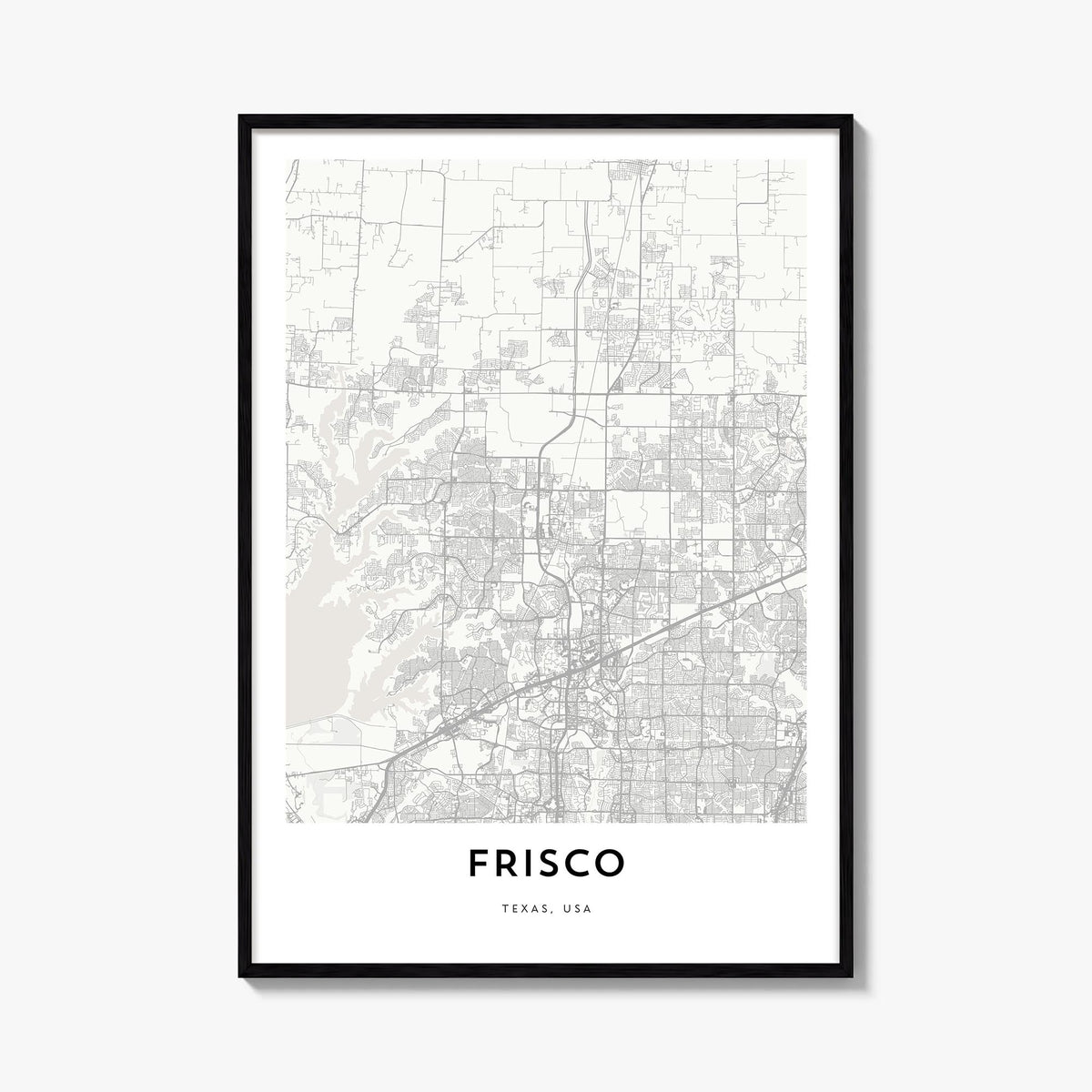 Frisco black & white map poster of Texas, USA – vertical wall art, unframed print shown in interior mockup