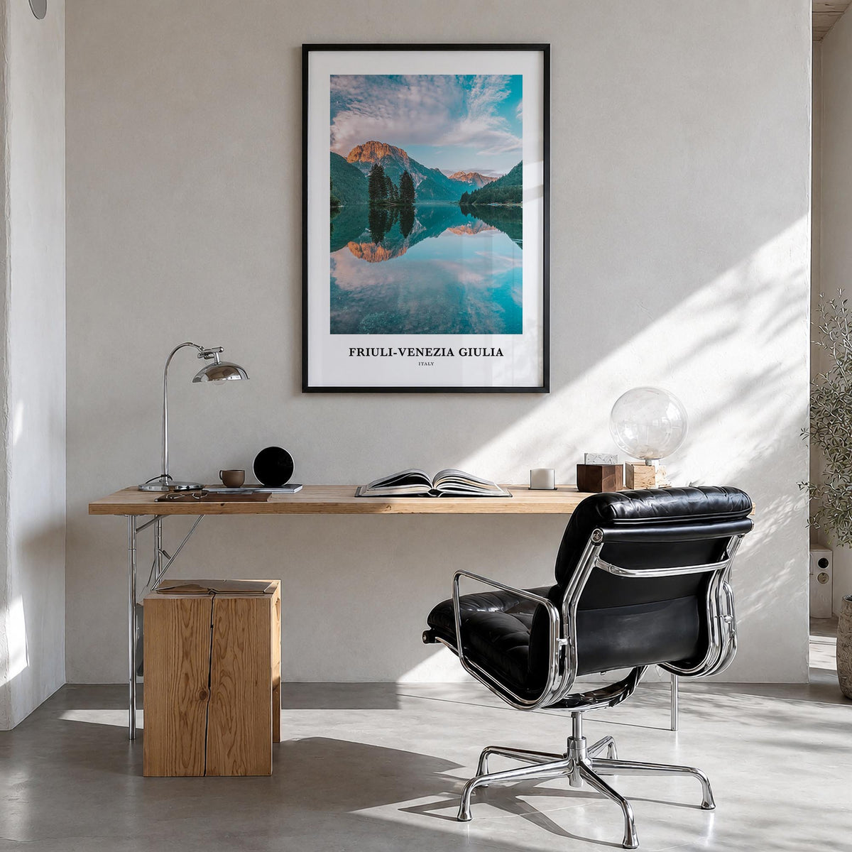 Friuli-Venezia Giulia colorful classic poster of Italy – vertical wall art in black wood frame, hanging on wall
