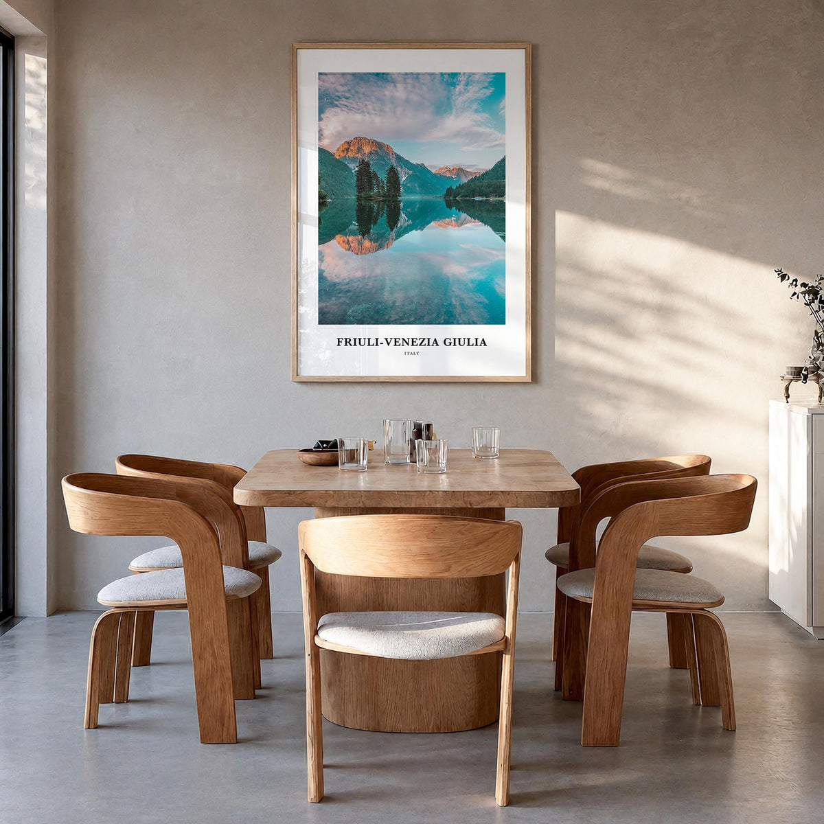 Friuli-Venezia Giulia colorful classic poster of Italy – vertical wall art in natural wood frame, hanging on wall