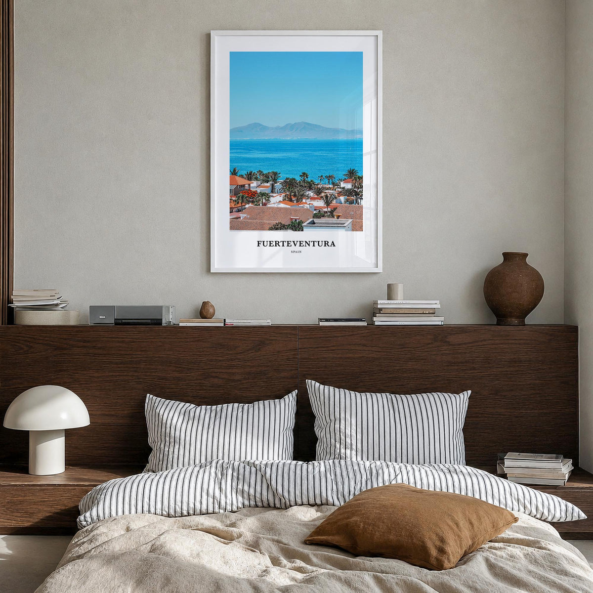 Fuerteventura colorful classic poster of Spain – vertical wall art in white wood frame, hanging on wall