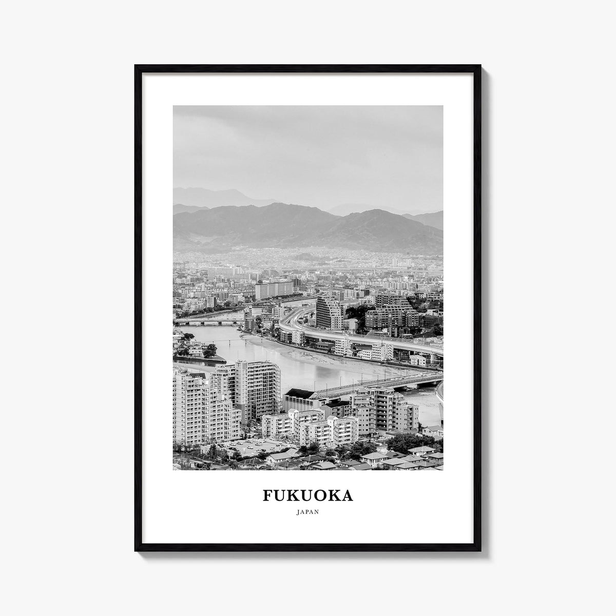 Fukuoka black & white classic poster of Japan – vertical wall art, unframed print shown in interior mockup