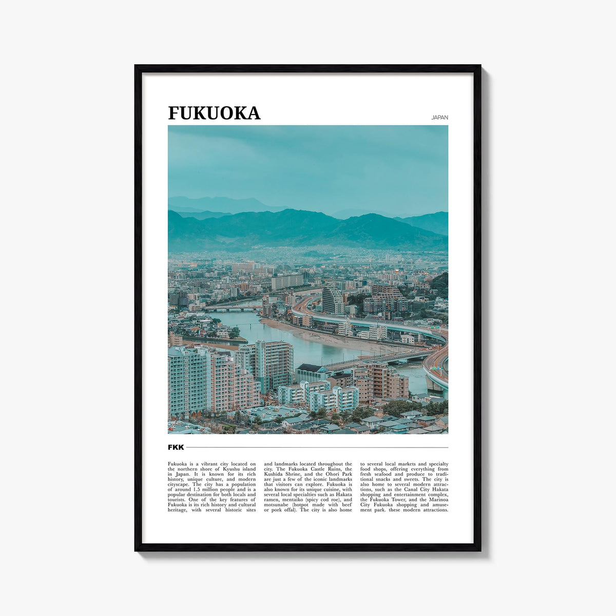 Fukuoka colorful travel poster of Japan – vertical wall art, unframed print shown in interior mockup