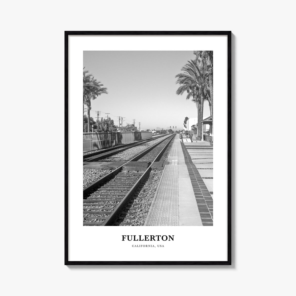 Fullerton black & white classic poster of California, USA – vertical wall art, unframed print shown in interior mockup