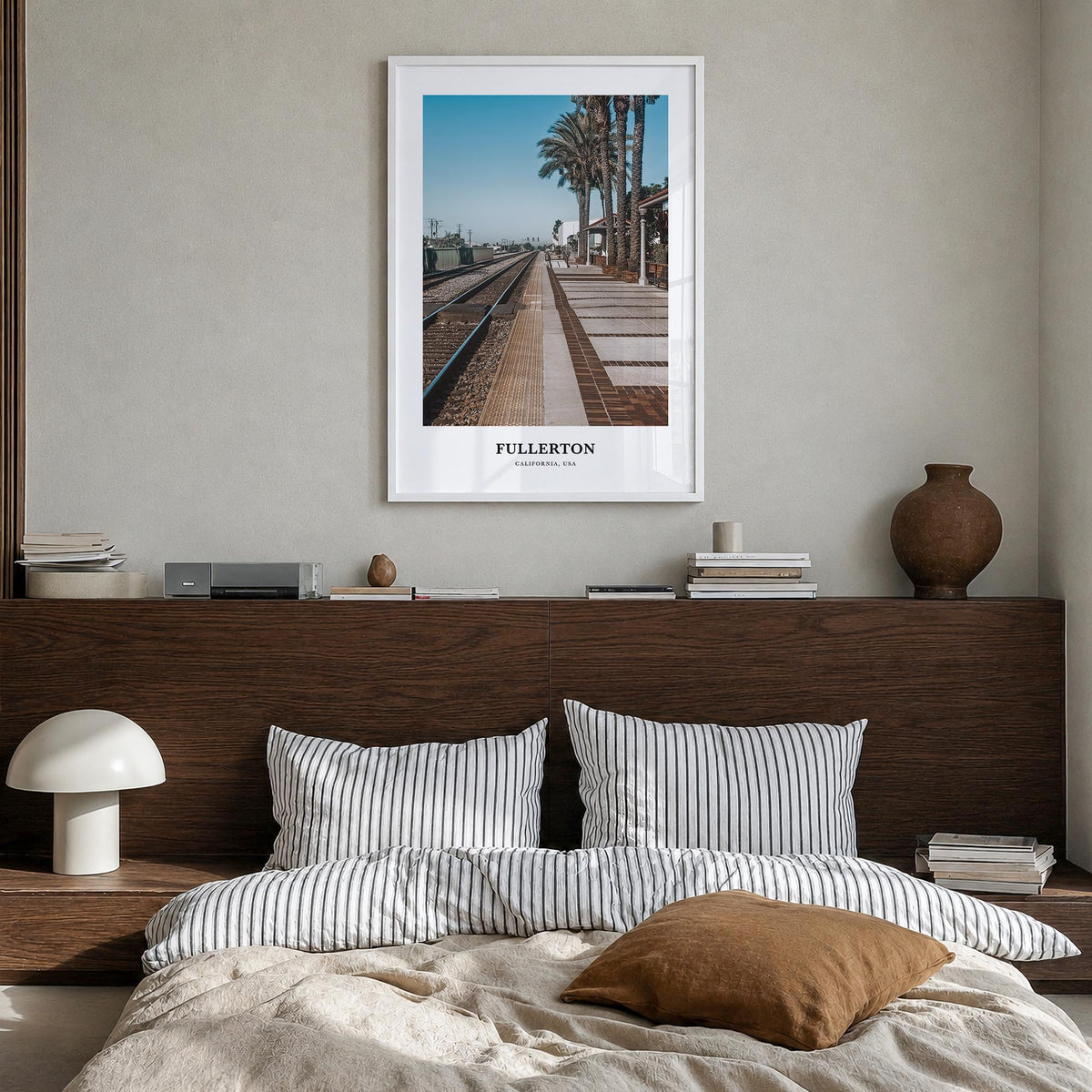 Fullerton colorful classic poster of California, USA – vertical wall art in white wood frame, hanging on wall