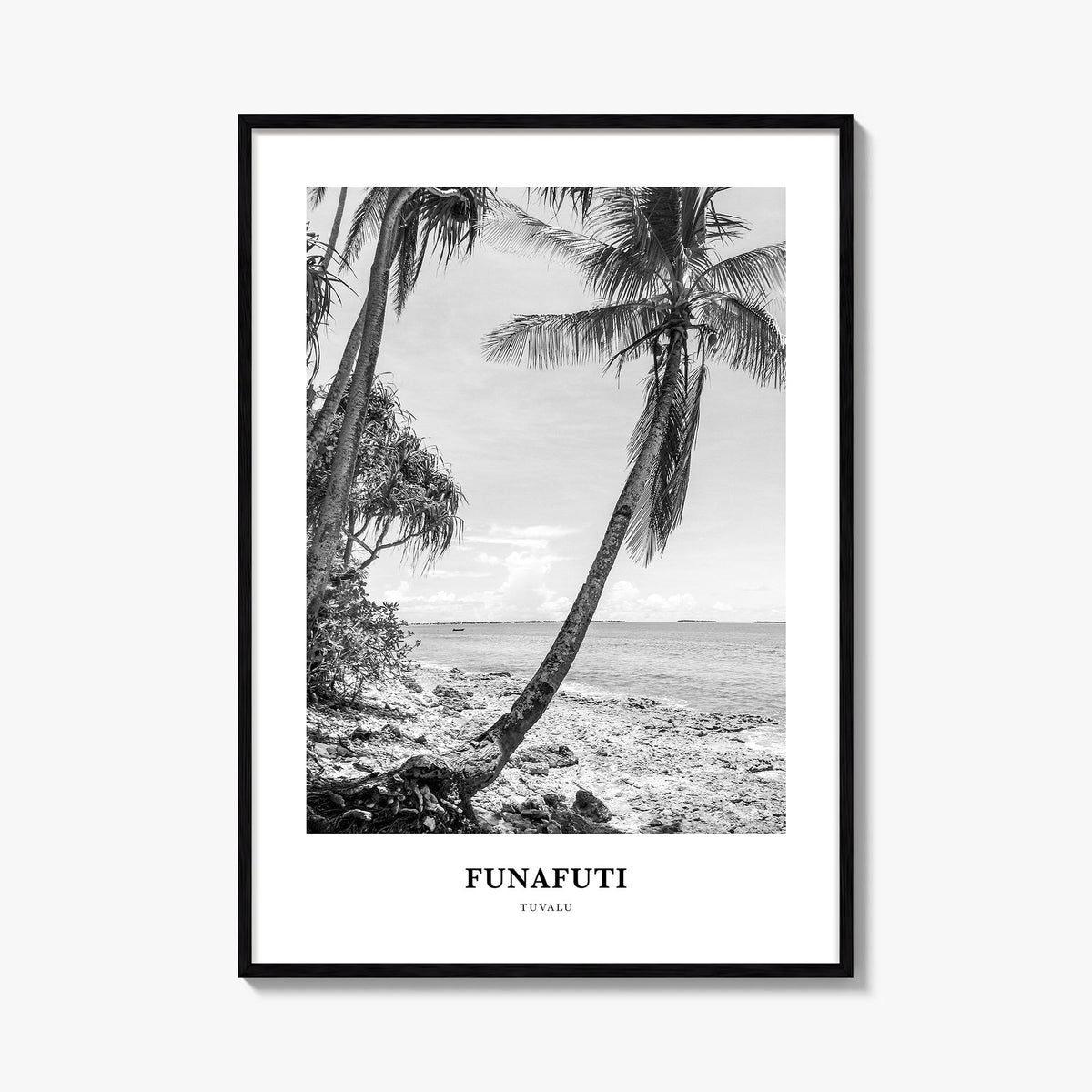 Funafuti black & white classic poster of Tuvalu – vertical wall art, unframed print shown in interior mockup