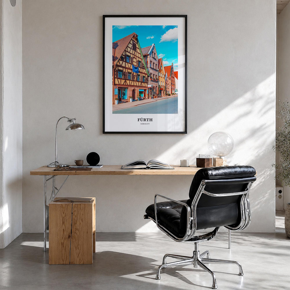 Fürth colorful classic poster of Germany – vertical wall art in black wood frame, hanging on wall