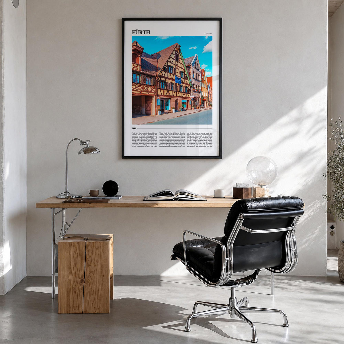 Fürth colorful travel poster of Germany – vertical wall art in black wood frame, hanging on wall