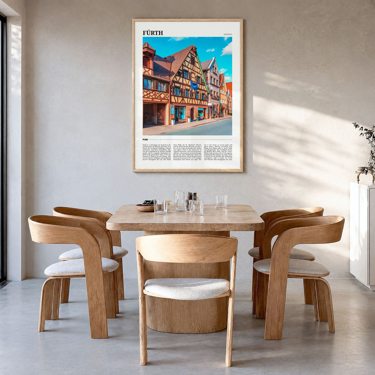 Fürth Travel Poster in a natural wood frame, hanging in a dining room