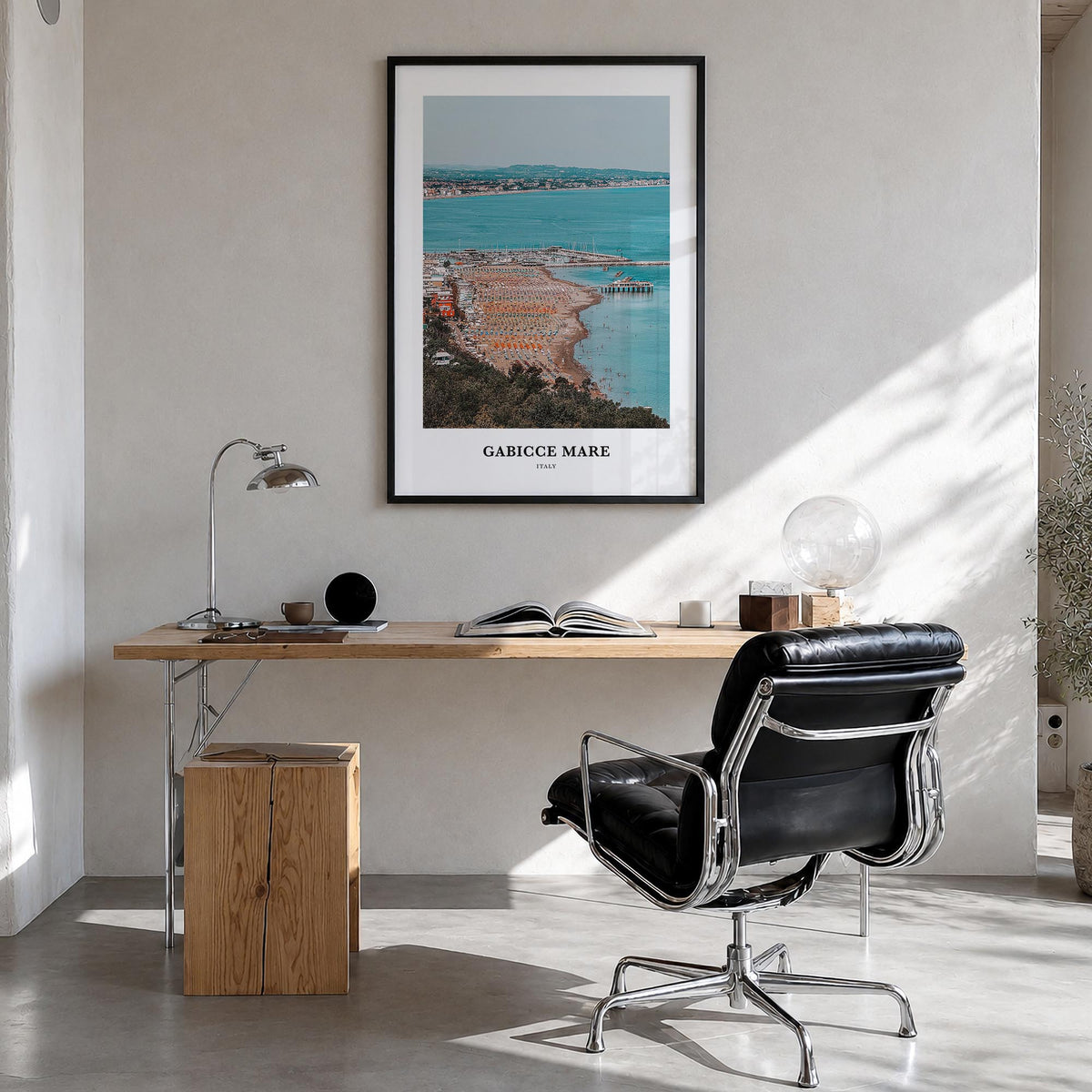 Gabicce Mare colorful classic poster of Italy – vertical wall art in black wood frame, hanging on wall
