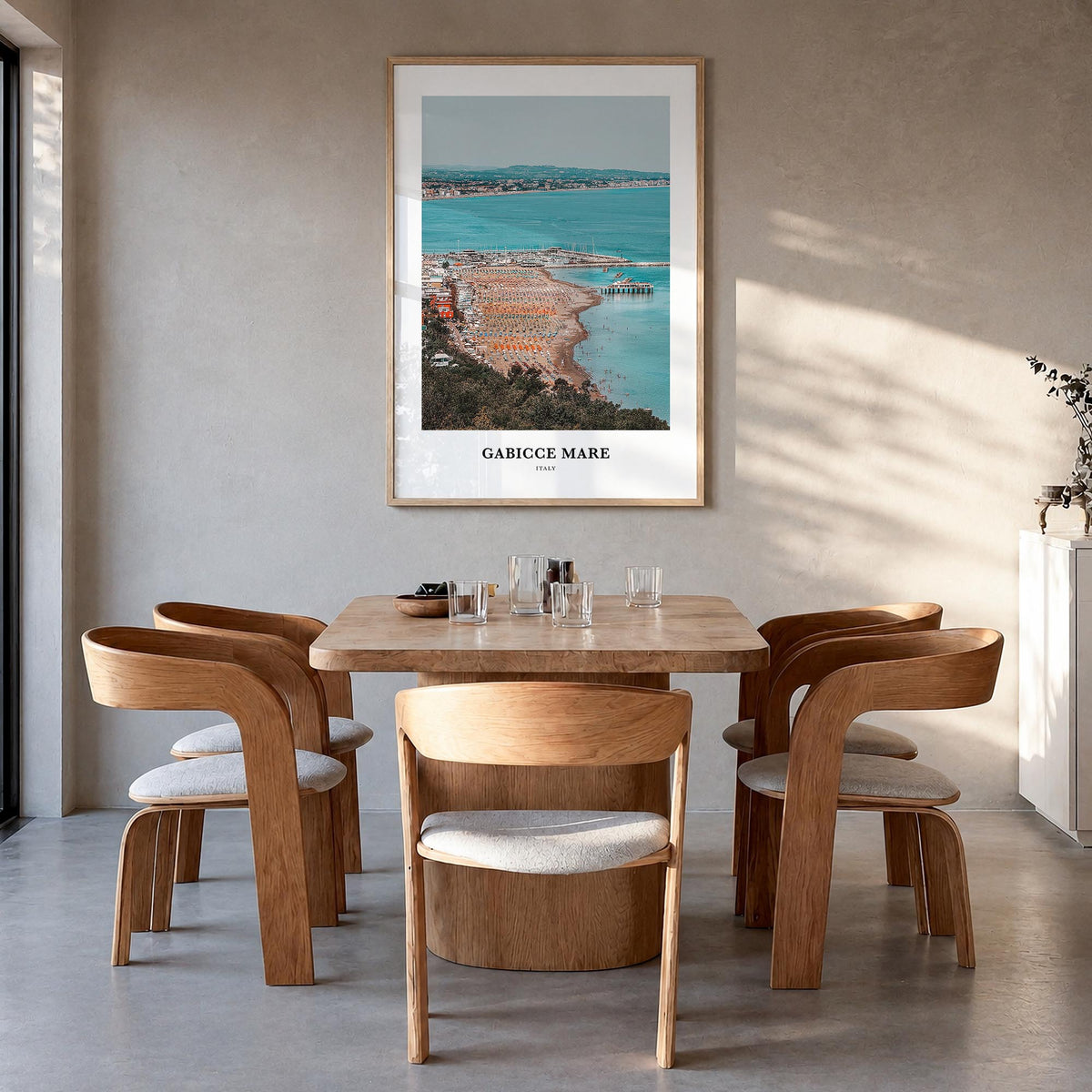 Gabicce Mare colorful classic poster of Italy – vertical wall art in natural wood frame, hanging on wall