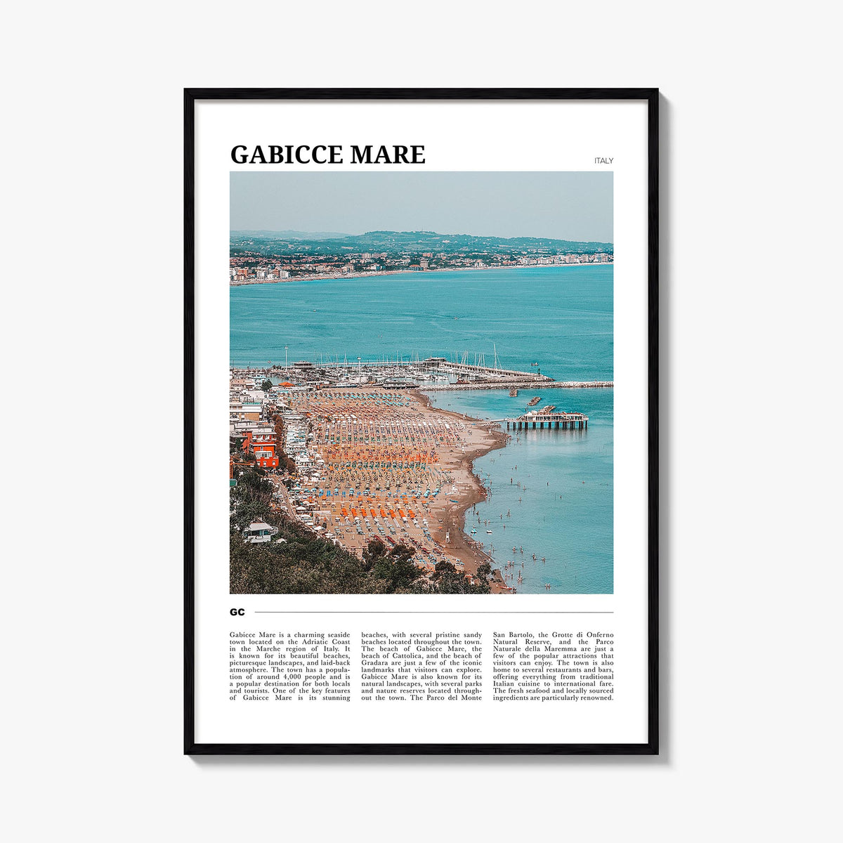 Gabicce Mare colorful travel poster of Italy – vertical wall art, unframed print shown in interior mockup