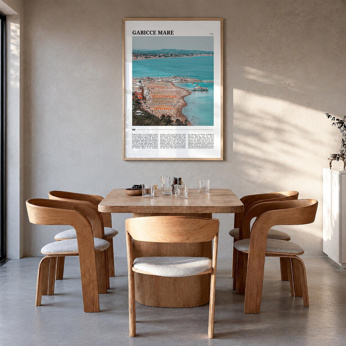 Gabicce Mare colorful travel poster of Italy – vertical wall art in natural wood frame, hanging on wall