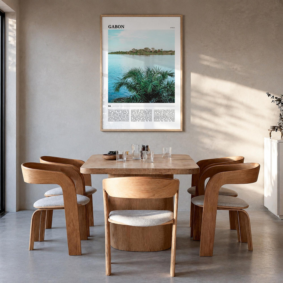 Gabon colorful travel poster of Africa – vertical wall art in natural wood frame, hanging on wall