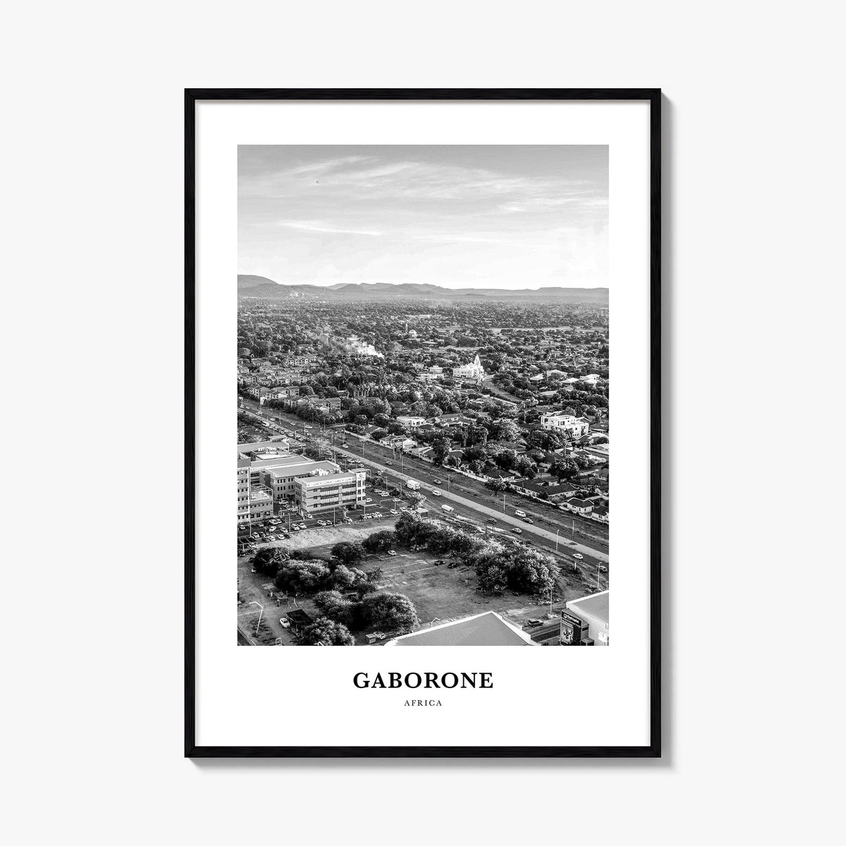 Gaborone black & white classic poster of Botswana – vertical wall art, unframed print shown in interior mockup