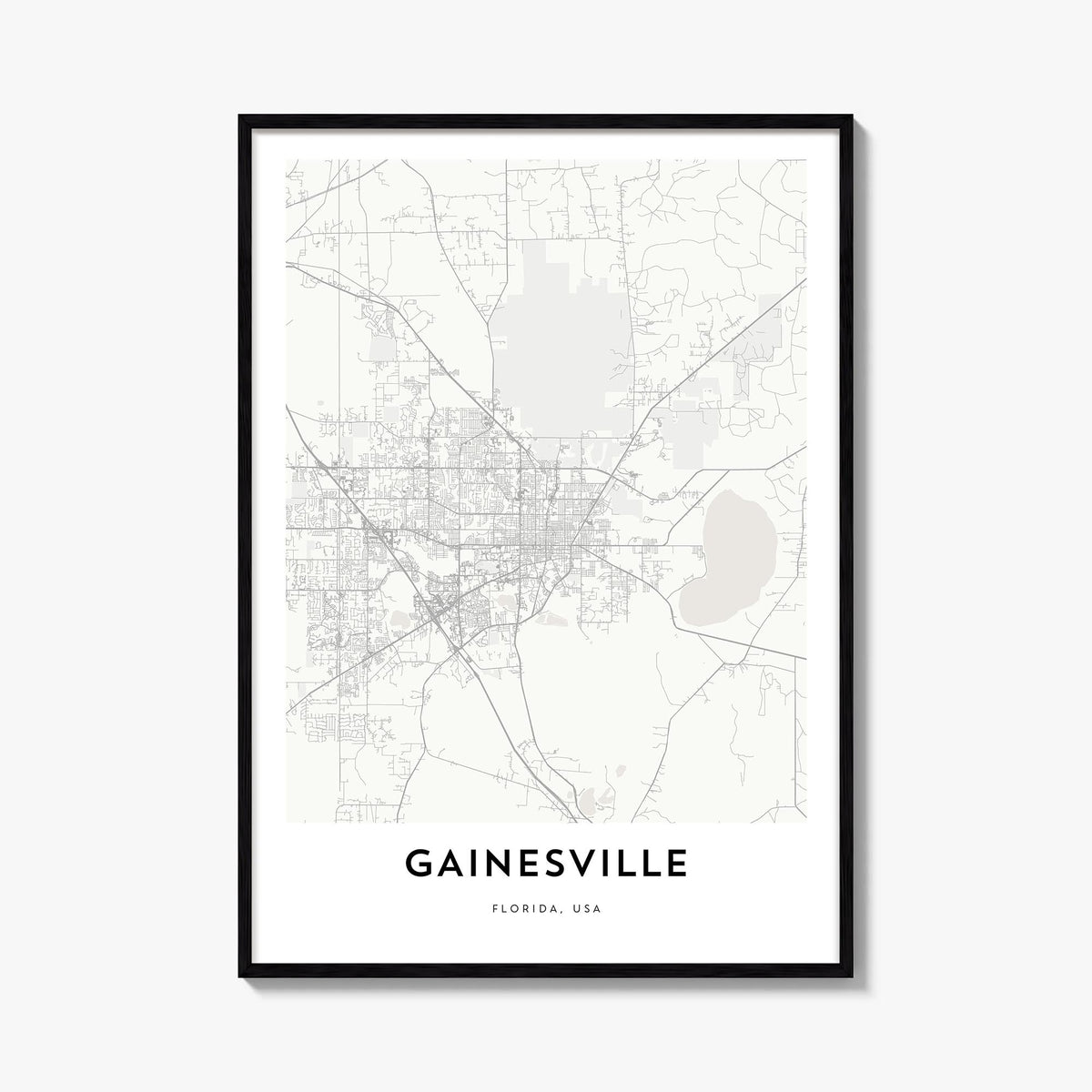 Gainesville black & white map poster of Florida, USA – vertical wall art, unframed print shown in interior mockup