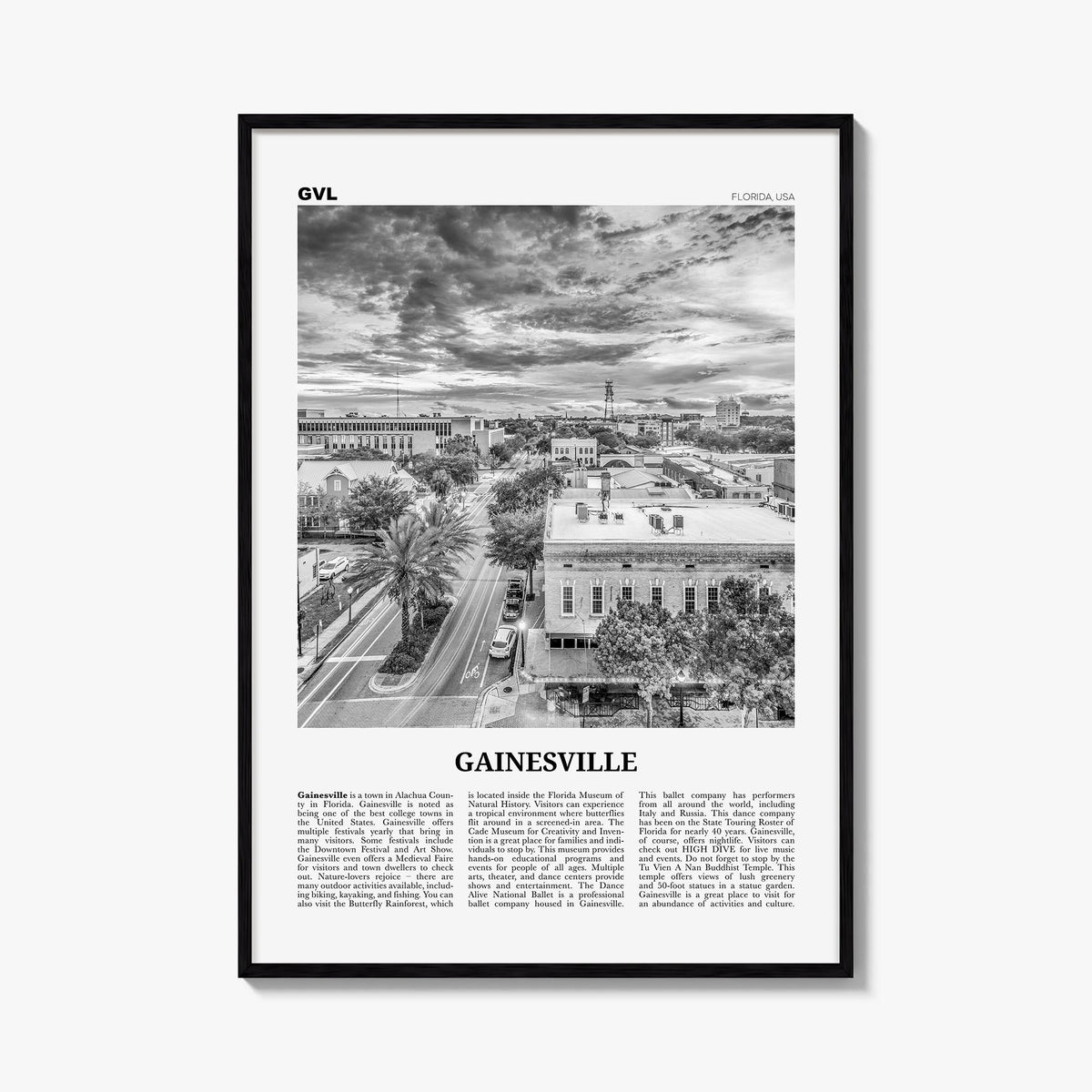 Gainesville black & white newspaper poster of Florida, USA – vertical wall art, unframed print shown in interior mockup