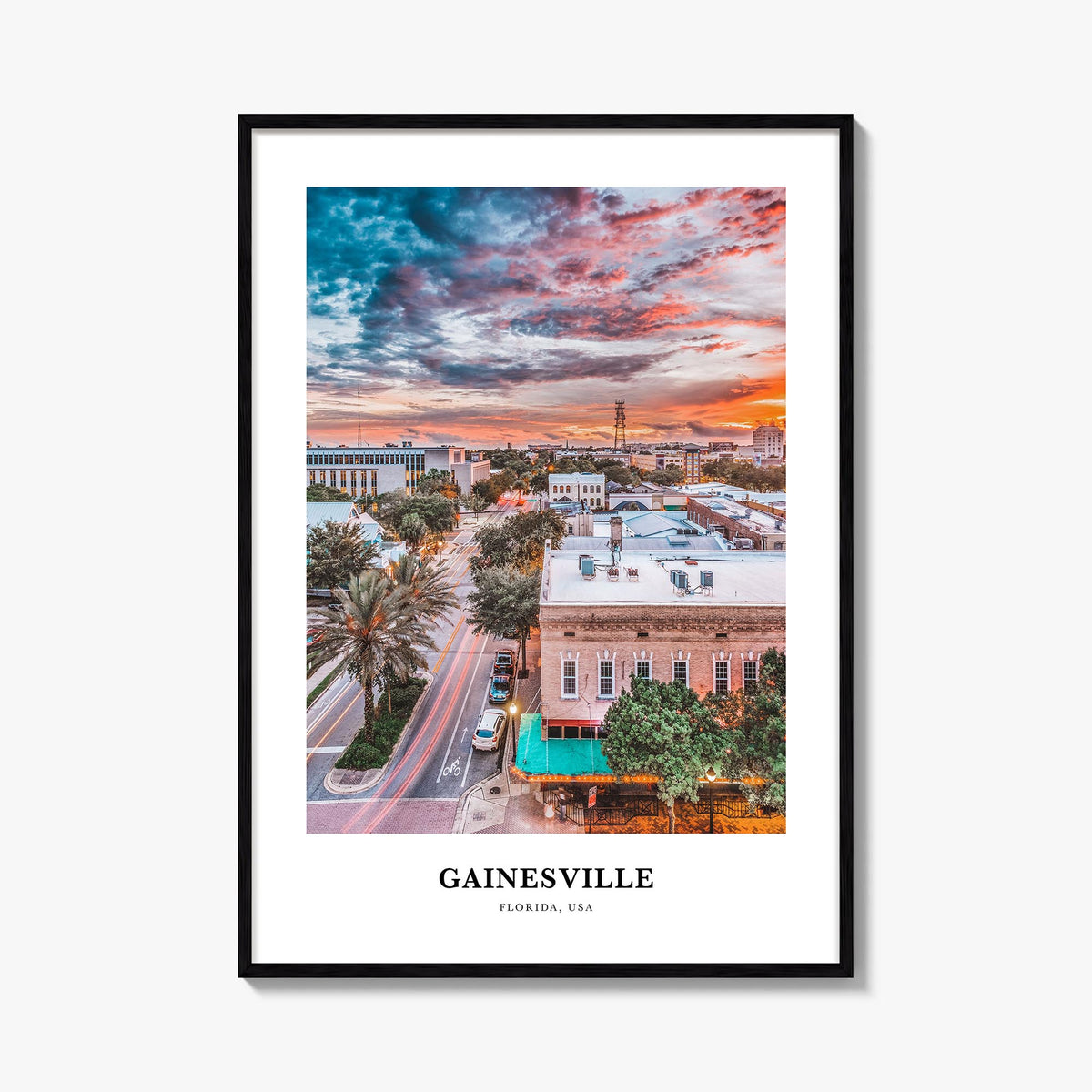 Gainesville colorful classic poster of Florida, USA – vertical wall art, unframed print shown in interior mockup
