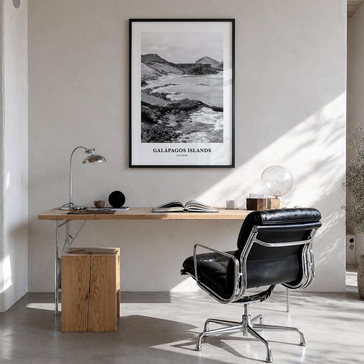 Galápagos Islands black & white classic poster of Ecuador – vertical wall art in black wood frame, hanging on wall