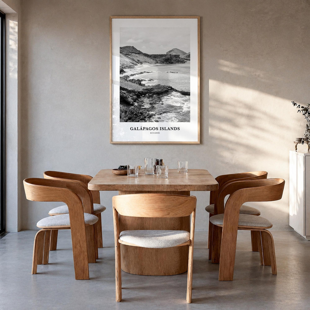 Galápagos Islands black & white classic poster of Ecuador – vertical wall art in natural wood frame, hanging on wall