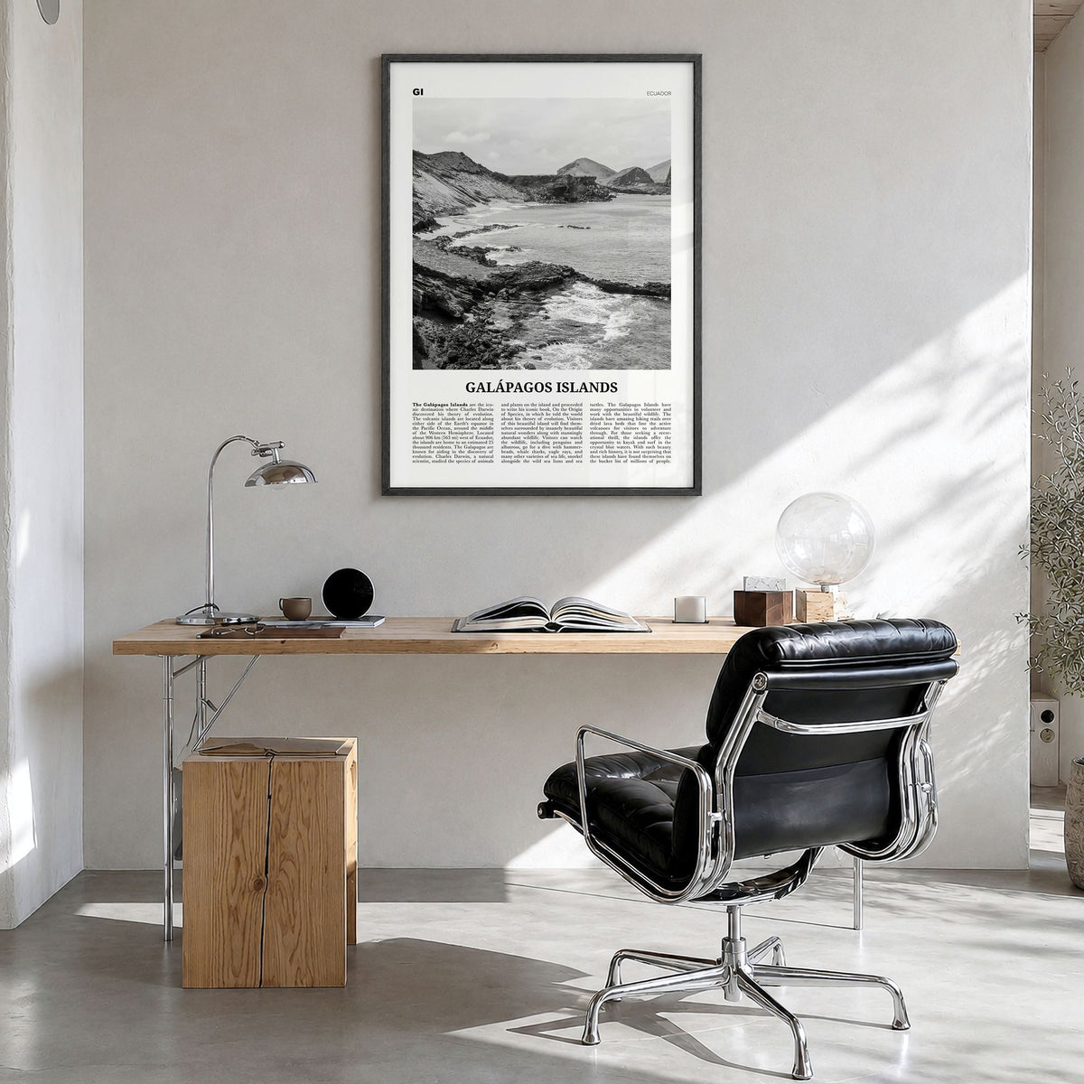Galápagos Islands Newspaper Poster in a black wood frame, hanging in a bright home office