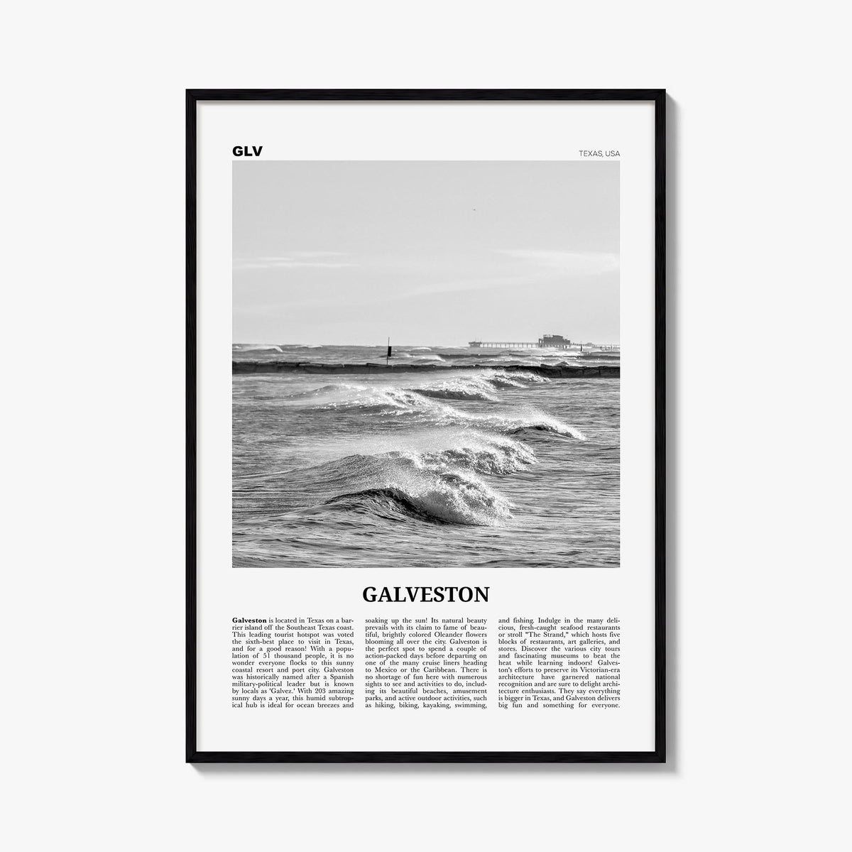 Galveston black & white newspaper poster of Texas, USA – vertical wall art, unframed print shown in interior mockup