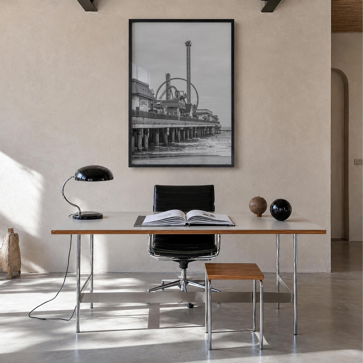 Galveston black & white photo poster of Texas, USA – vertical wall art in black wood frame, hanging on wall