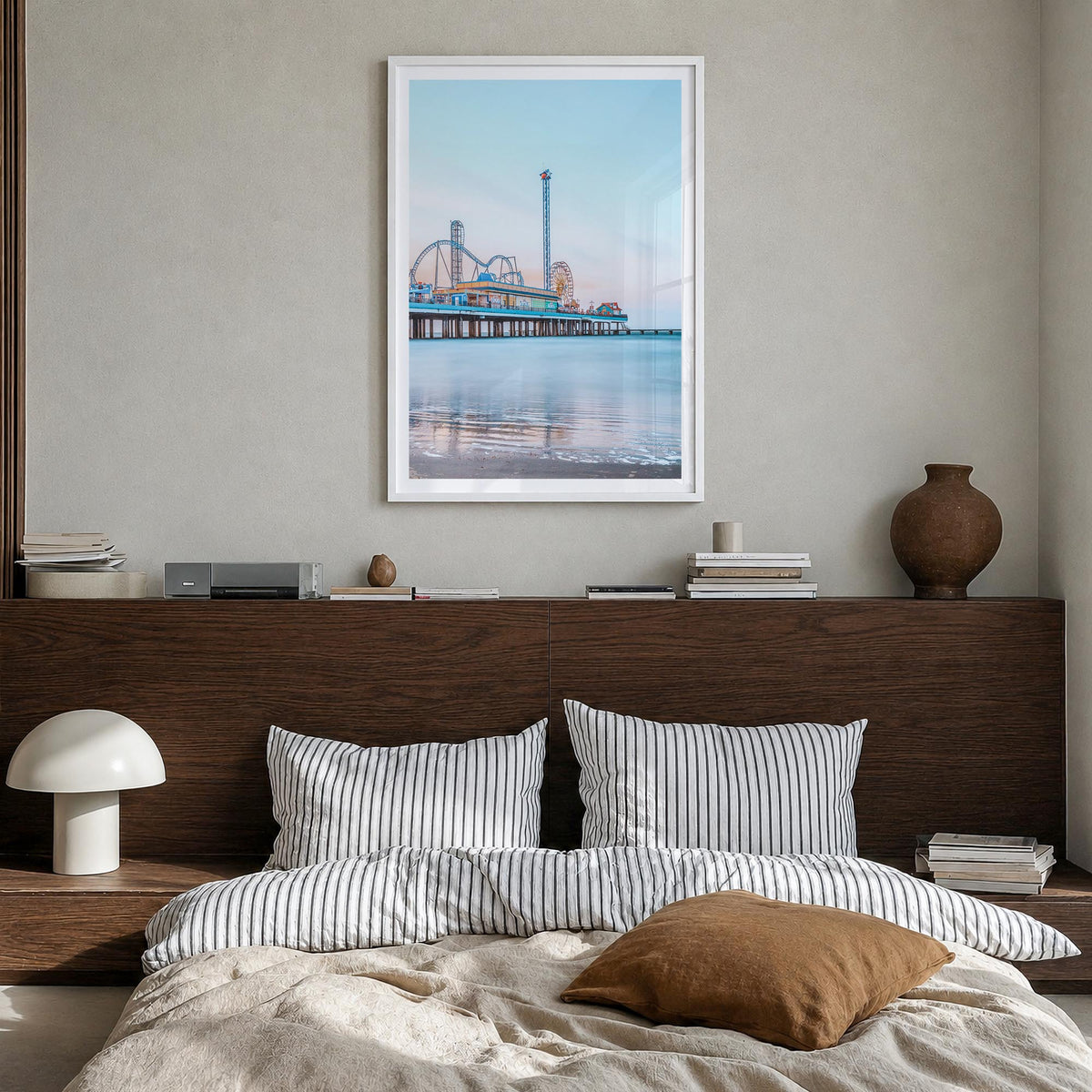 Galveston colorful photo poster of Texas, USA – vertical wall art in white wood frame with white border, hanging on wall
