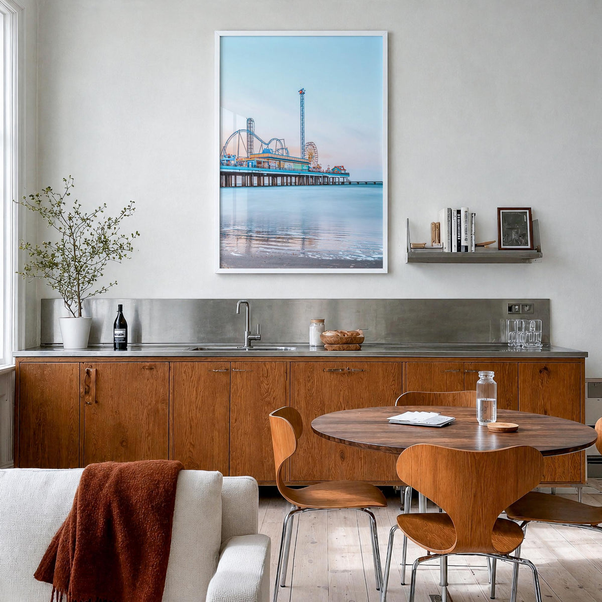 Galveston colorful photo poster of Texas, USA – vertical wall art in white wood frame, hanging on wall
