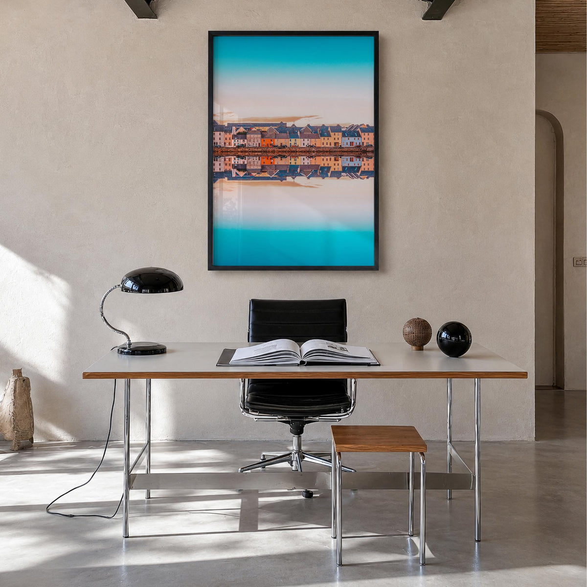 Galway colorful photo poster of Ireland – vertical wall art in black wood frame, hanging on wall