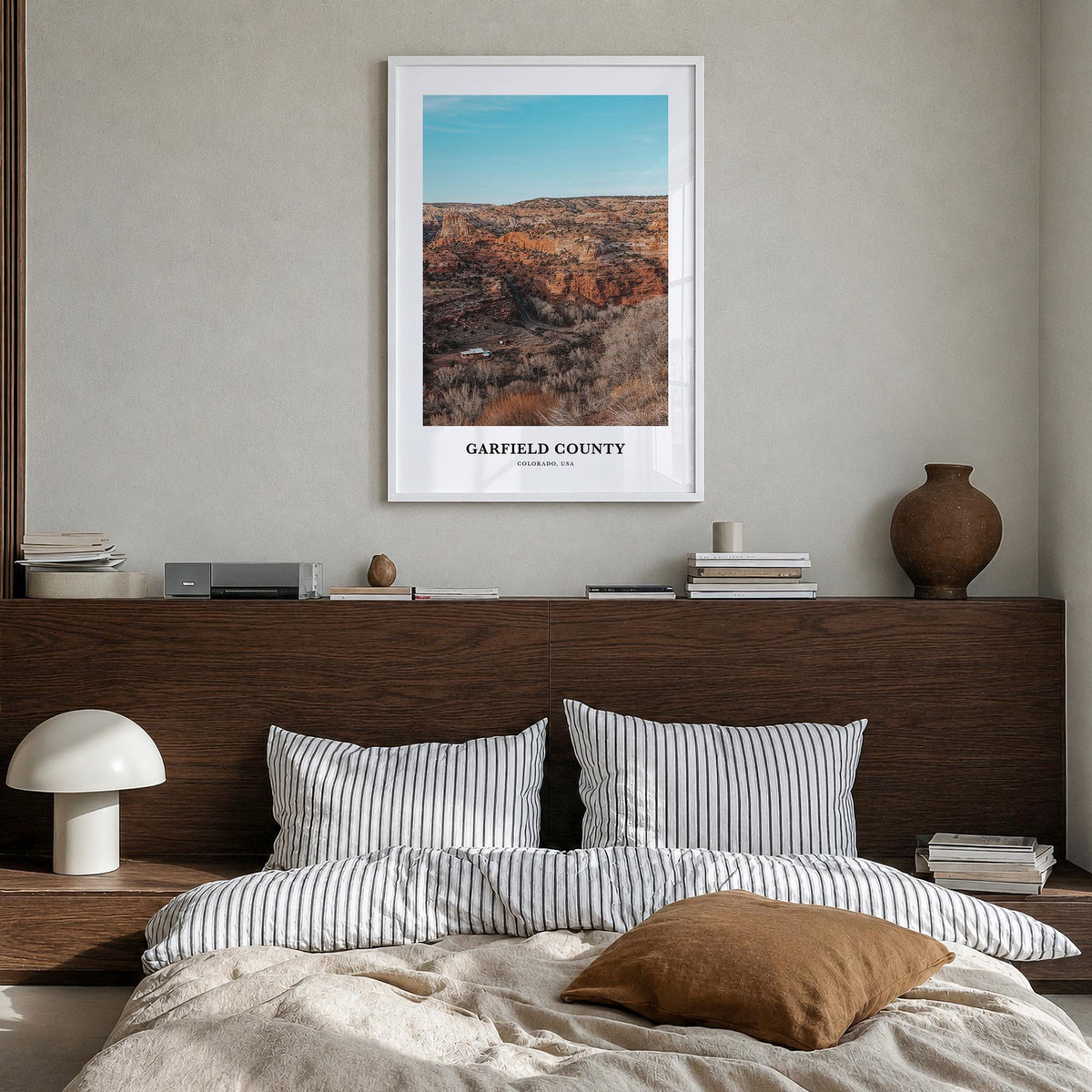 Garfield County colorful classic poster of Colorado, USA – vertical wall art in white wood frame, hanging on wall