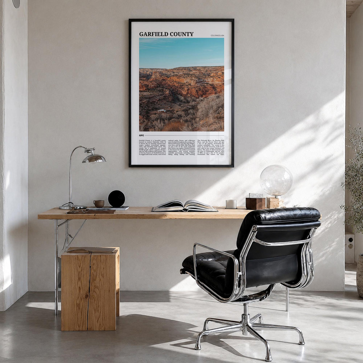 Garfield County colorful travel poster of Colorado, USA – vertical wall art in black wood frame, hanging on wall