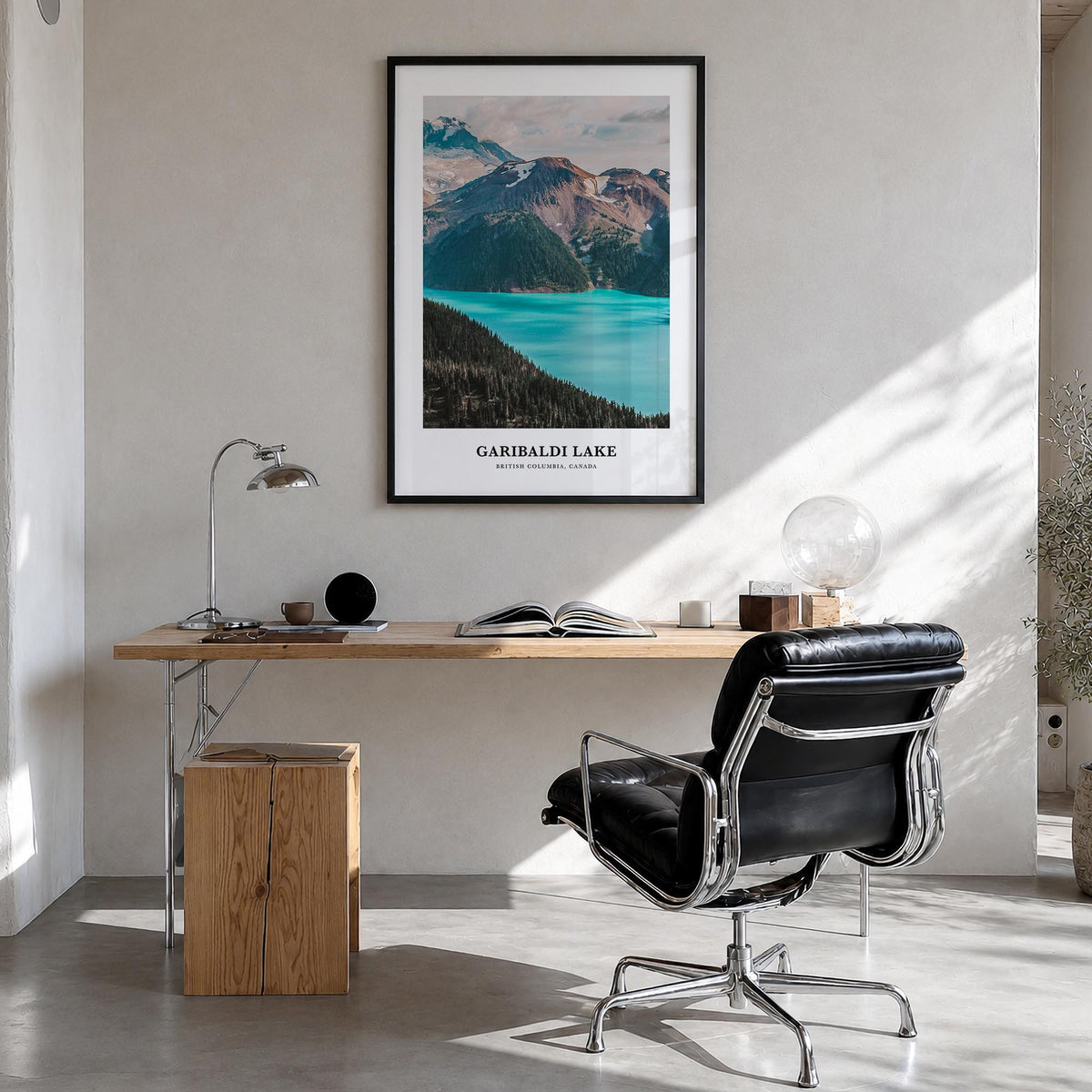 Garibaldi Lake colorful classic poster of Canada – vertical wall art in black wood frame, hanging on wall