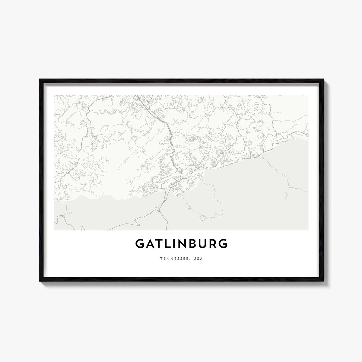 Gatlinburg black & white map poster of Tennessee, USA – horizontal wall art, unframed print shown in interior mockup