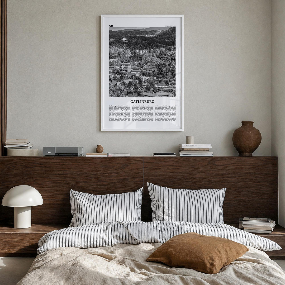 Gatlinburg black & white newspaper poster of Tennessee, USA – vertical wall art in white wood frame, hanging on wall
