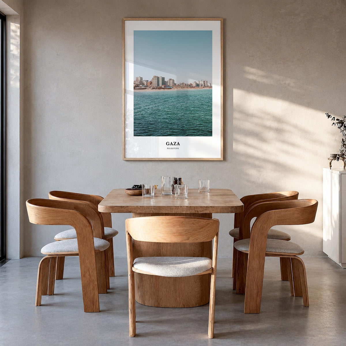 Gaza colorful classic poster of Palestine – vertical wall art in natural wood frame, hanging on wall