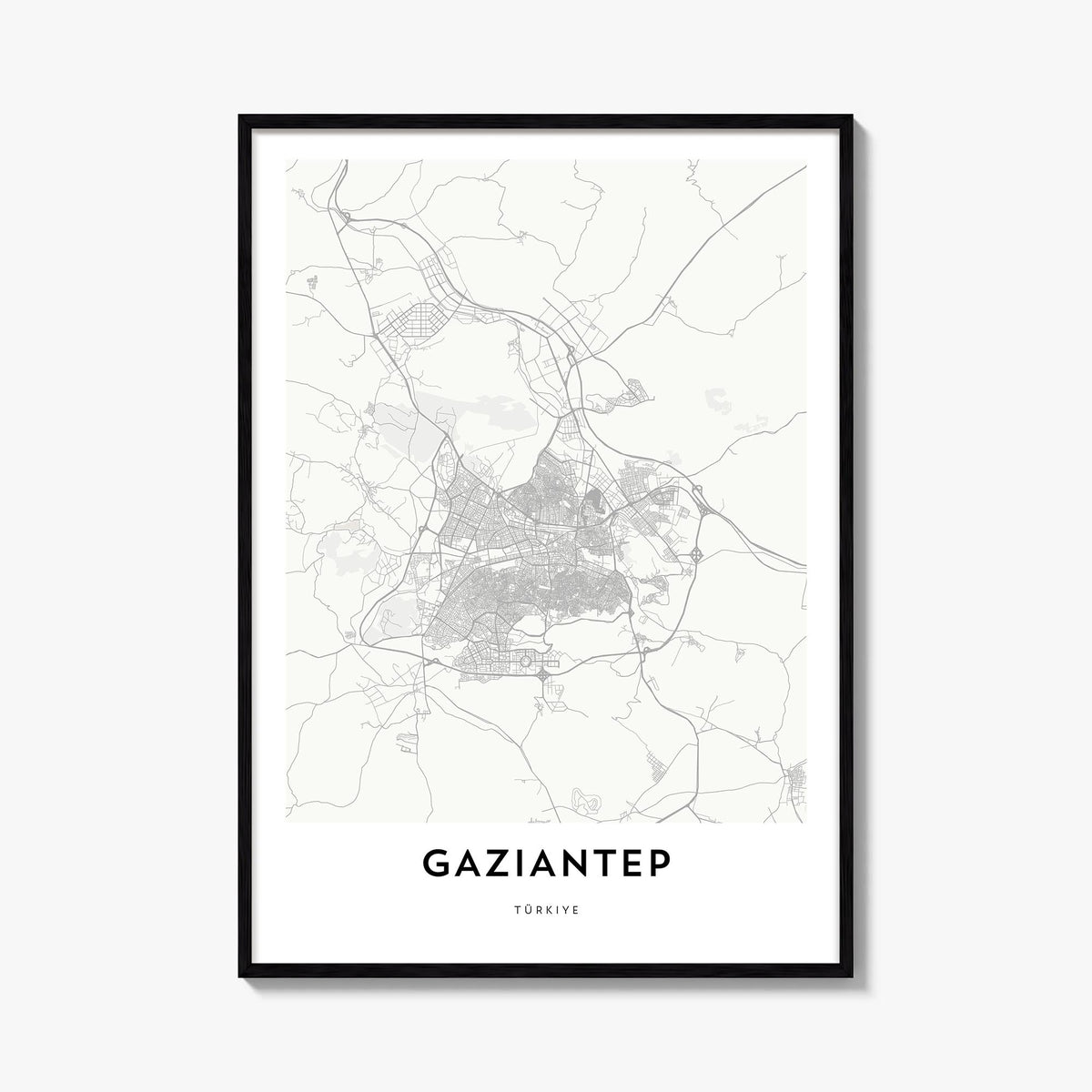 Gaziantep black & white map poster of Türkiye – vertical wall art, unframed print shown in interior mockup