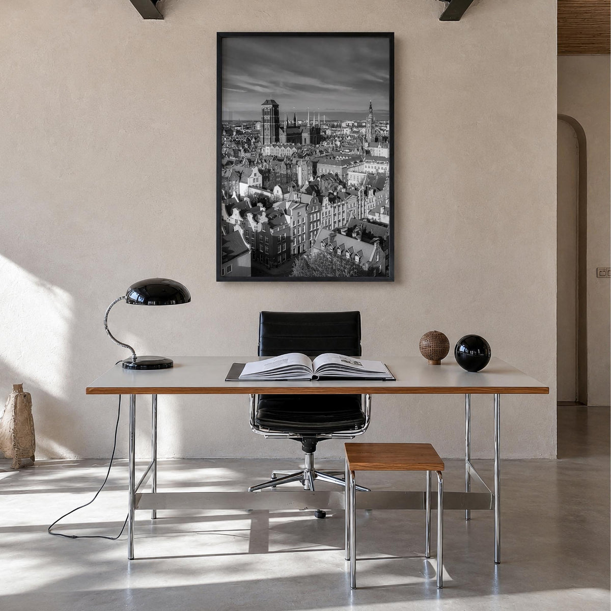 Gdańsk black & white photo poster of Poland – vertical wall art in black wood frame, hanging on wall