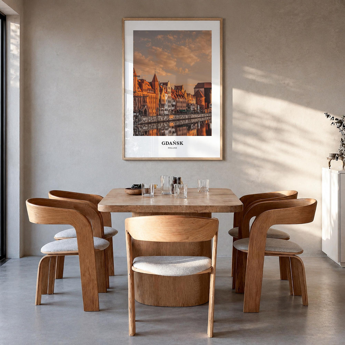 Gdańsk colorful classic poster of Poland – vertical wall art in natural wood frame, hanging on wall