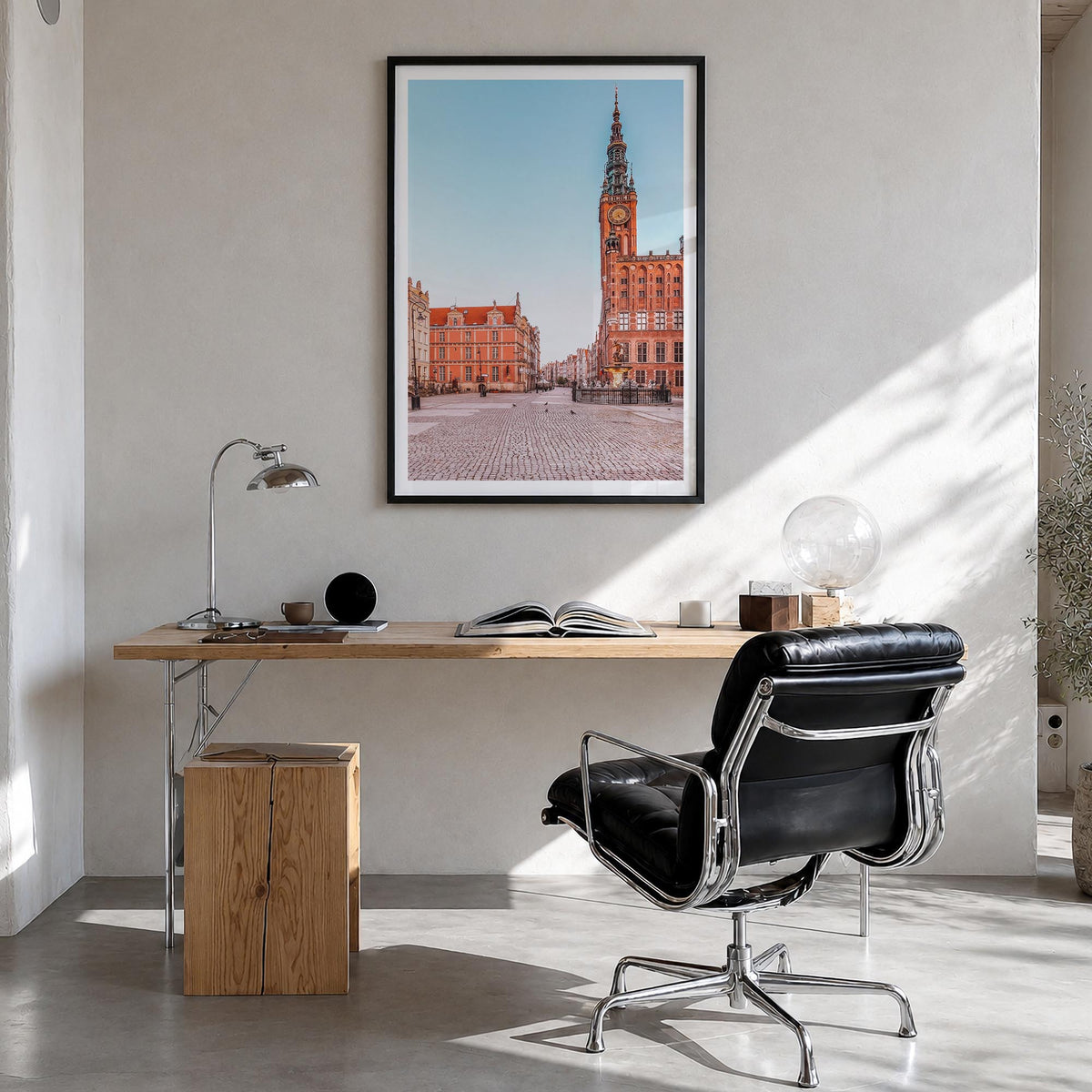 Gdańsk colorful photo poster of Poland – vertical wall art in black wood frame with white border, hanging on wall