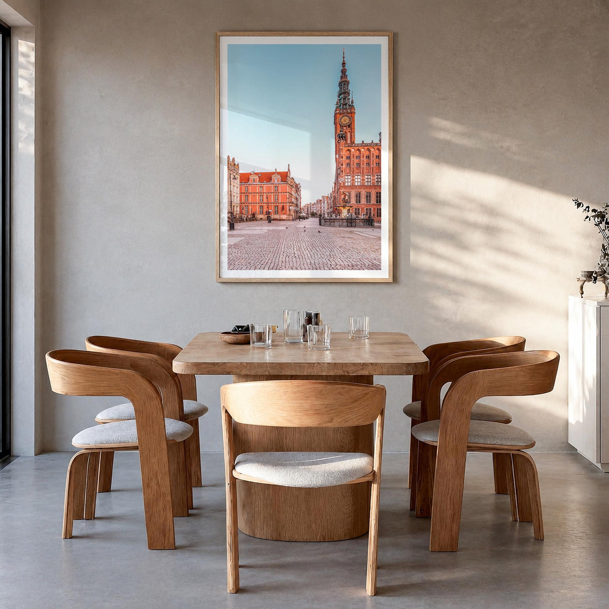 Gdańsk colorful photo poster of Poland – vertical wall art in natural wood frame with white border, hanging on wall