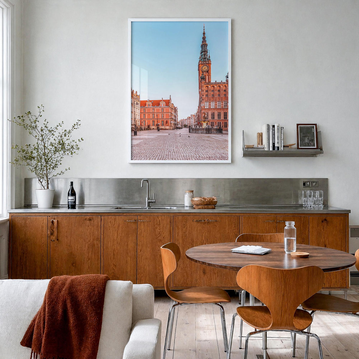 Gdańsk colorful photo poster of Poland – vertical wall art in white wood frame, hanging on wall