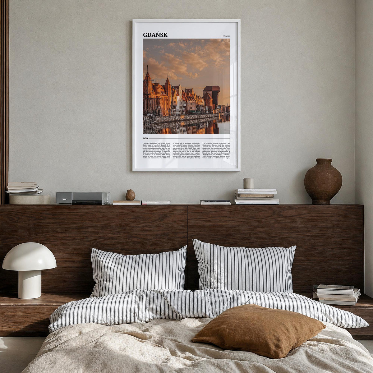 Gdańsk colorful travel poster of Poland – vertical wall art in white wood frame, hanging on wall