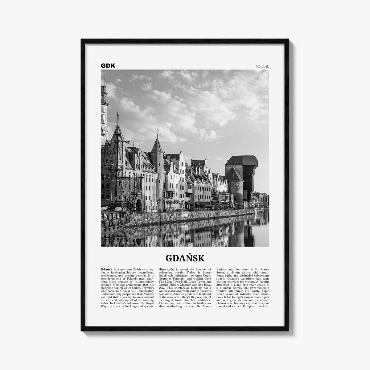 Gdańsk no. 1 black & white newspaper poster of Poland – vertical wall art, unframed print shown in interior mockup