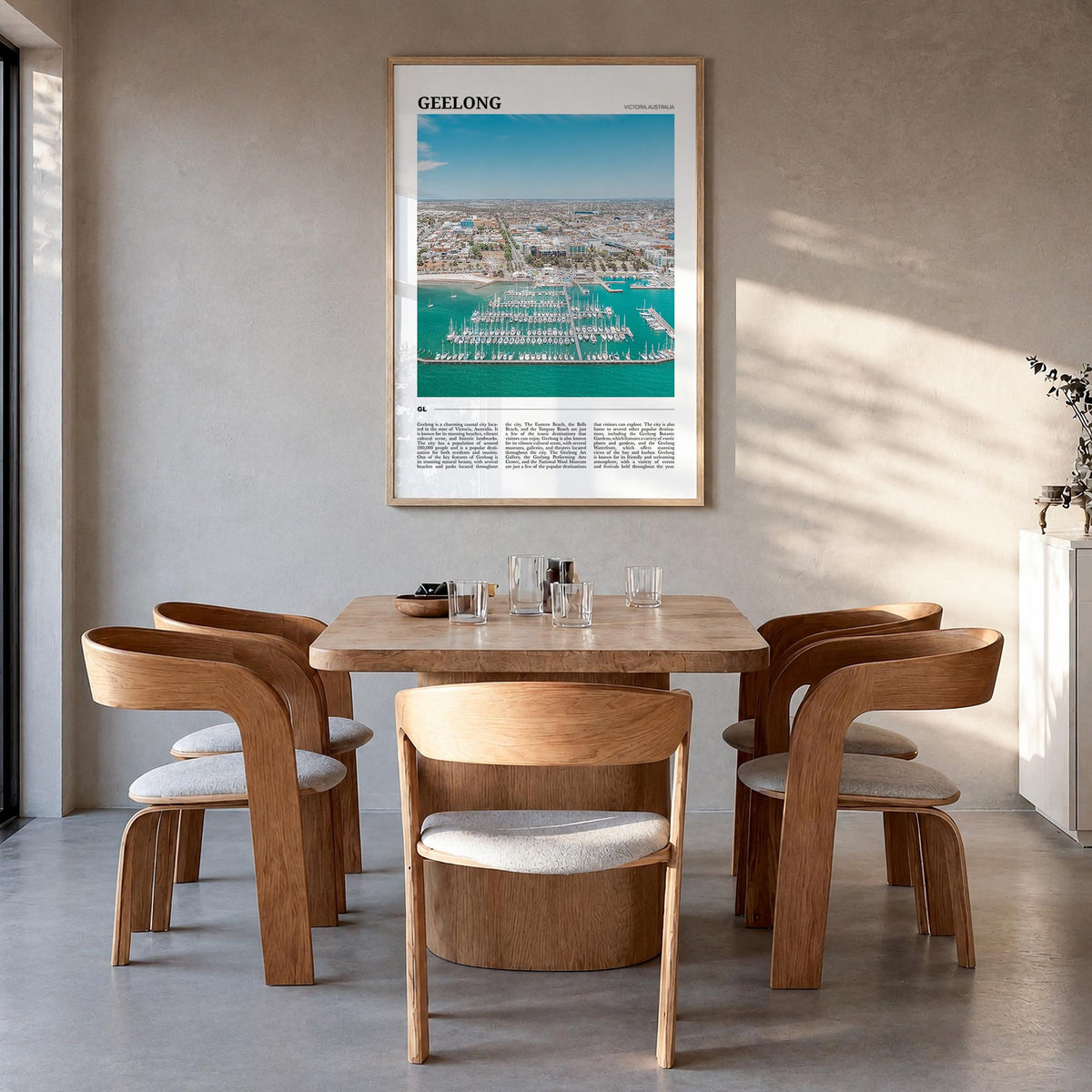 Geelong colorful travel poster of Australia – vertical wall art in natural wood frame, hanging on wall