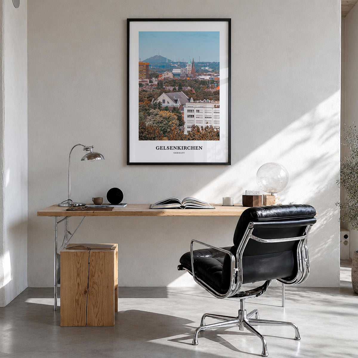 Gelsenkirchen colorful classic poster of Germany – vertical wall art in black wood frame, hanging on wall